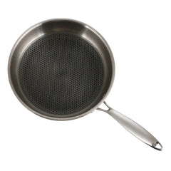 Stainless steel frying pan with honeycomb pattern on a white background